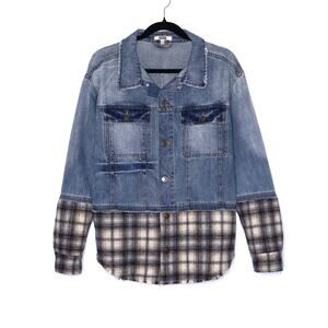 GIMMICKS Pieced Flannel Denim Jacket Blue Wash Button Down Shacket Women's L